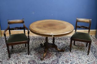 A Victorian mahogany circular breakfast table, height 74cm, diameter 100cm, together with a set of