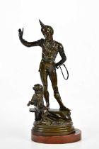 AFTER ALFRED BARYE (1838-1882); bronze sculpture of a clown with poodle on associated plinth base,