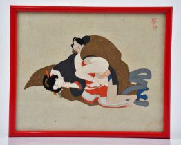 A Japanese erotic woodblock print, signed top right, 18 x 22cm, framed and glazed.