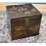 A large modern Chinese painted leather blanket chest with birds perching, width 56cm, height 49cm.