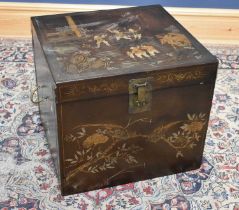 A large modern Chinese painted leather blanket chest with birds perching, width 56cm, height 49cm.