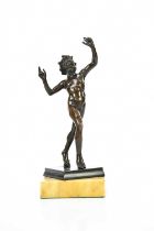 A late 19th/early 20th century bronze figure of Pan, on square plinth base with later plinth,
