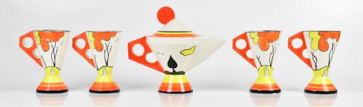 After Clarice Cliff; a modern tea set to include four cups and a teapot, height of teapot 20cm.