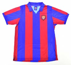 DIEGO MARADONA; a Barcelona retro style football shirt, signed to the reverse, size L. Condition