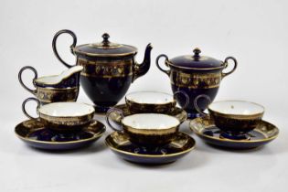 SEVRES; a good tea service, cobalt blue body with gilt highlights, comprising teapot, twin handled
