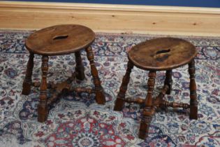 A pair of 19th century oak stools on turned legs, with oval seat, height 40cm, width 37cm, depth