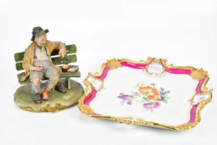 MEISSEN; a hand painted large square tray/plate with open shell and scrolling detail, 40 x 41cm (