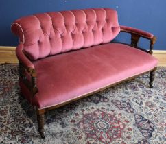 An Edwardian inlaid rosewood salon settee, with pink upholstery, on turned legs, height 74cm, length