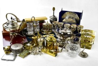 A collection of electroplated items to include cased cutlery, cruets, salts, a cigarette case, cups,