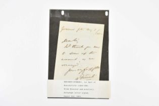 BENJAMIN DISRAELI, 1ST EARL OF BEACONSFIELD (1804-1881); a handwritten and signed letter dated