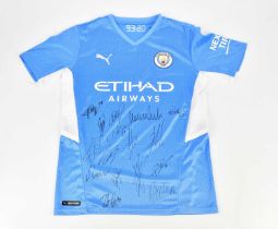 MANCHESTER CITY; an team autographed replica 93:20 jersey 2021/2022 season, with certificate of