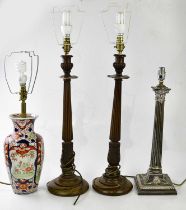 A silver plated Corinthian column table lamp, height including fitting 52cm, a pair of table lamps