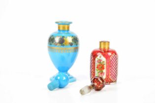 A 19th century Bohemian overlaid cranberry glass scent bottle and stopper, height 15cm, and a