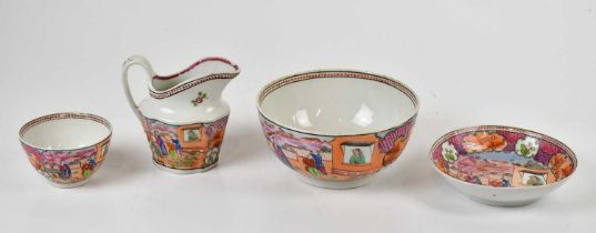 An early 19th century New Hall type tea bowl, saucer, a cream jug and slop bowl, diameter of bowl