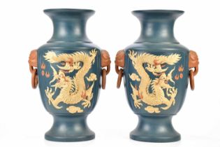 A large pair of contemporary Chinese Yixing vases with twin elephant mask ring drop handles and