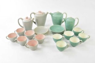 POOLE POTTERY; a green tea service including sugar bowl, teapot, coffee pot, six cups and six