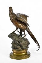 AFTER ALFRED DUBUCAND (1828-1894); a large bronze sculpture of a pheasant and scarab beetle on