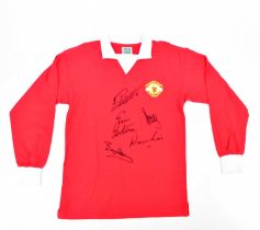 MANCHESTER UNITED; a 1973 retro style football shirt, signed to the front by Ronaldo, Scholes,
