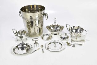 A small collection of mixed silver plated items to include, ice bucket, sugar bowl, cream jug,