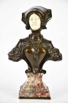 X PIQUEMAL; an Art Nouveau bronze bust with ivory face, on marble base, height 27cm. CITES number: