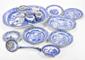 A large collection of 19th century and later blue and white predominantly in the 'Willow' pattern