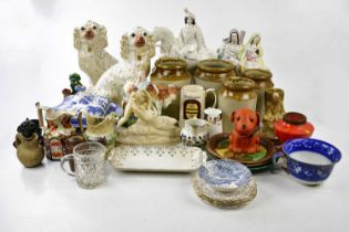 A collection of ceramics to include Staffordshire spaniels and figures, decorative ware, stoneware