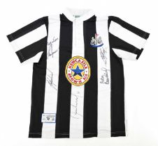 NEWCASTLE UNITED; a signed retro style football shirt, signed to front by Shearer, Keegan, Ginola,