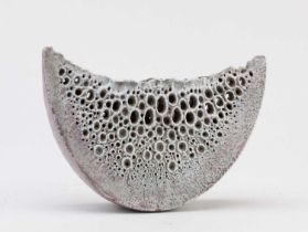 † ALAN WALLWORK (1931-2019); a narrow stoneware wedge form covered in grey and lilac glaze with
