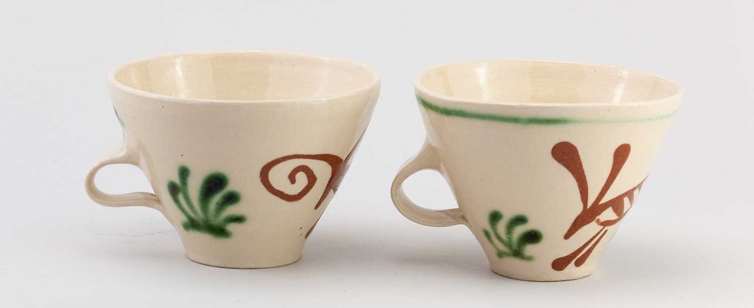 † GEOFFREY FULLER (1936-2022); a pair of large slip decorated earthenware cups depicting a hare - Image 3 of 4