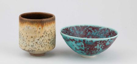 † ANDREW DAVIDSON; a porcelain bowl with textured surface covered in copper red and turquoise glaze,