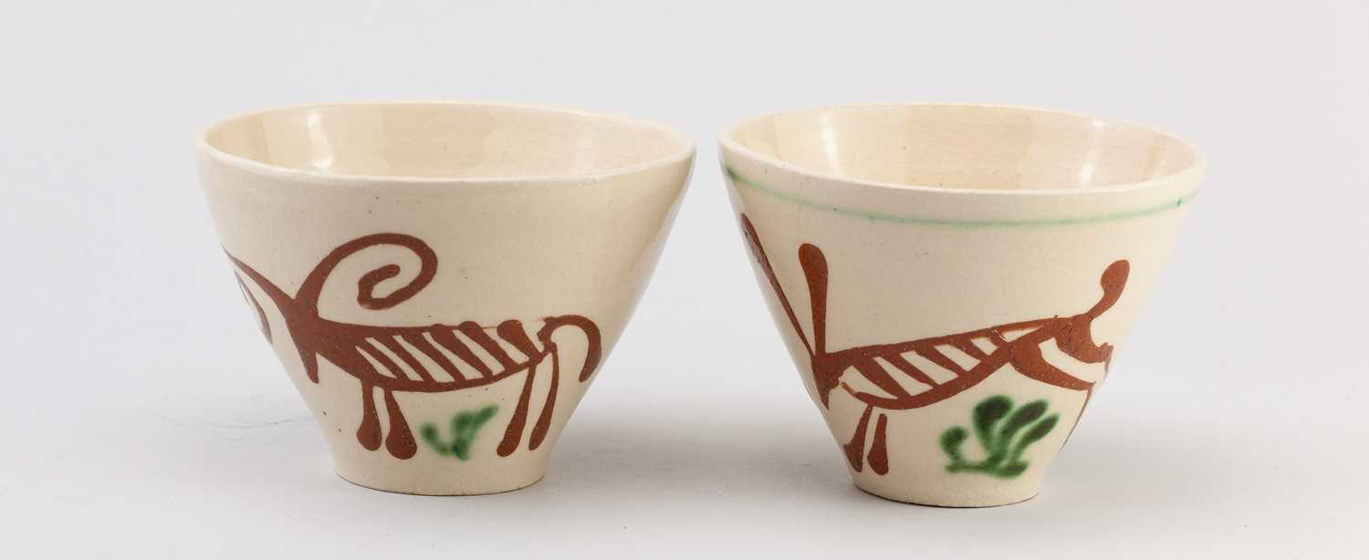 † GEOFFREY FULLER (1936-2022); a pair of large slip decorated earthenware cups depicting a hare - Image 4 of 4