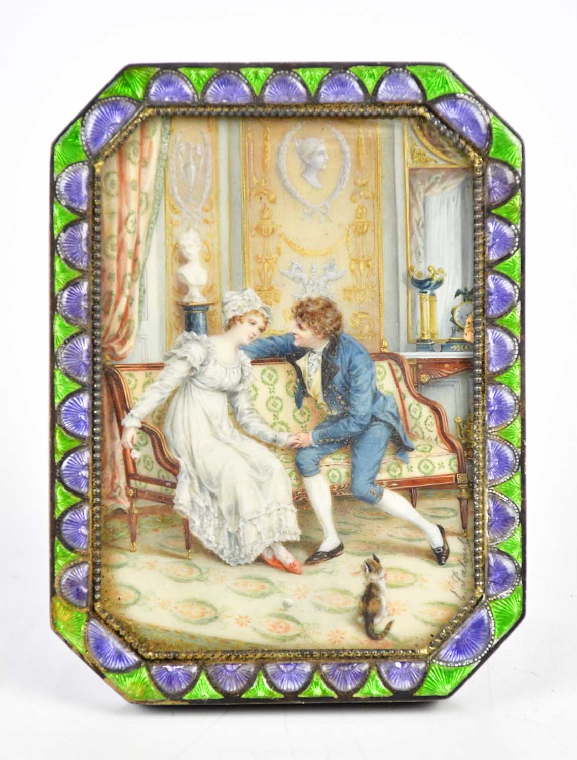 A late 19th century hand painted watercolour and ivory portrait miniature representing a couple in
