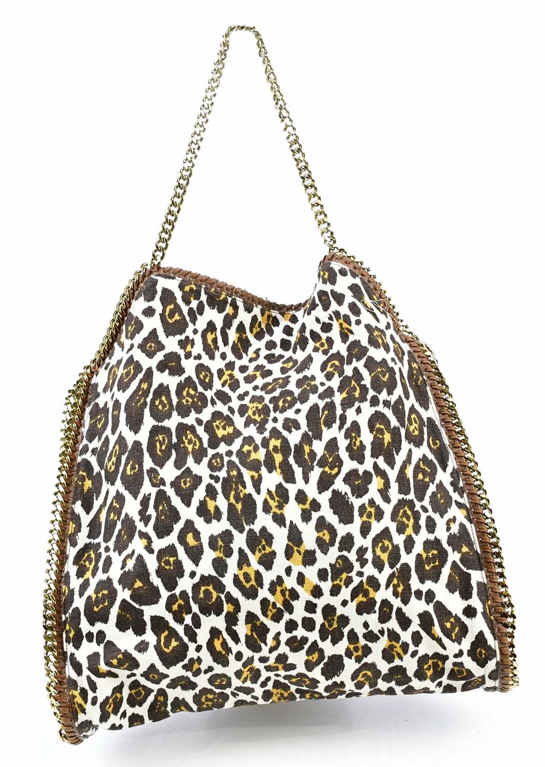 STELLA MCCARTNEY; a Falabella foldover leopard canvas handbag with signature heavy gold tone curb