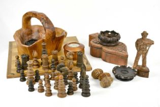 A collection of assorted treen including chess set, Chinese stand, etc. Condition Report: Height