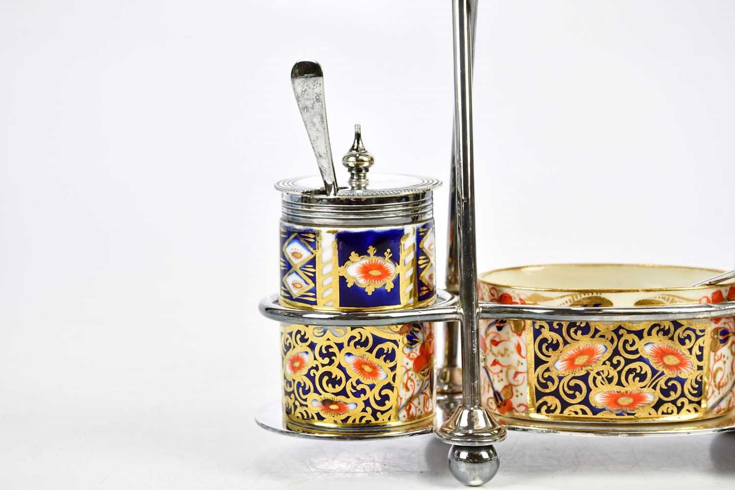 JAMES DEAKIN & SONS; an Arts and Crafts silver plated condiment set with Davenport Imari ceramic - Image 2 of 3