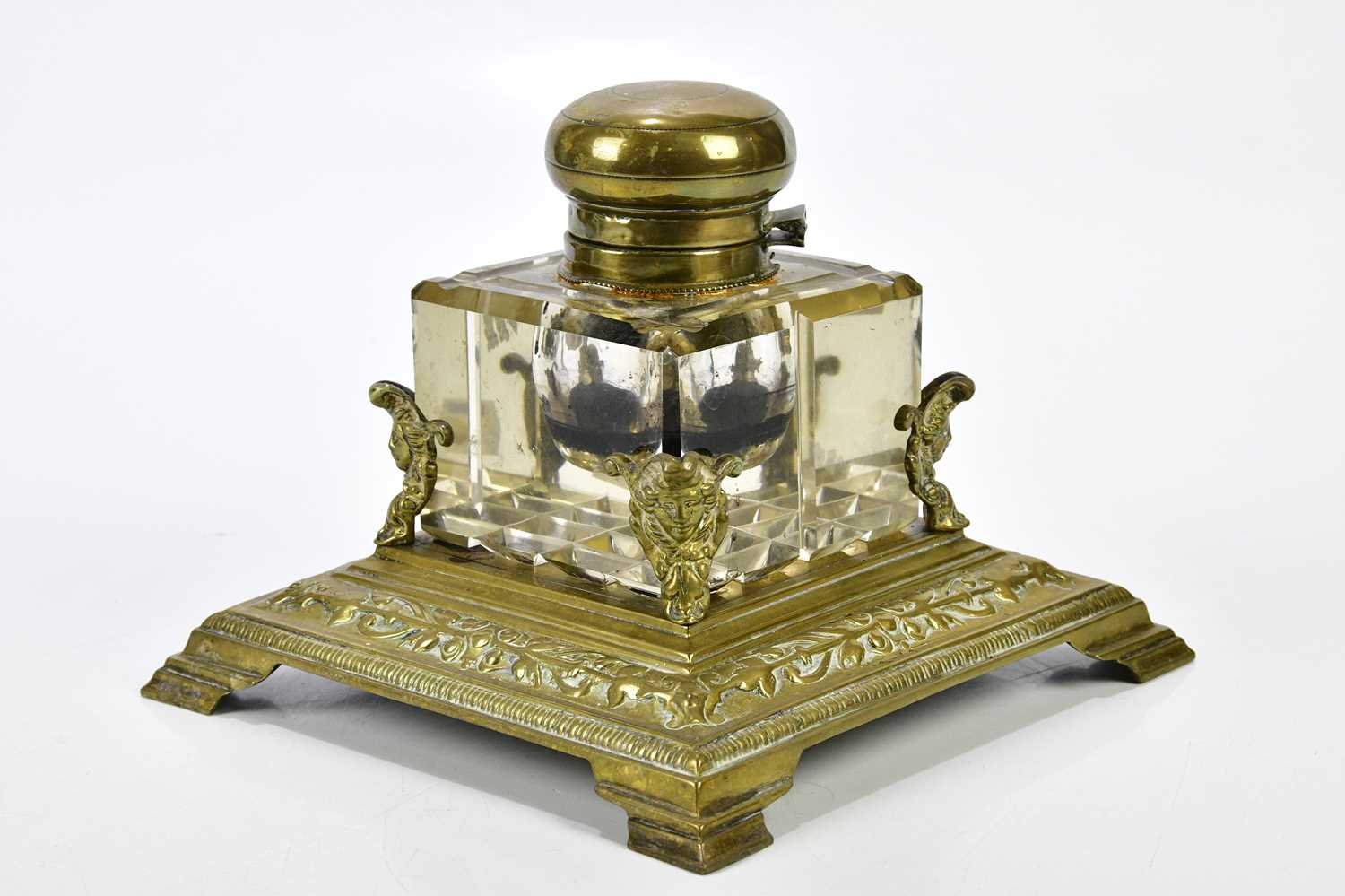 A 19th century brass desk stand housing a large cut glass inkwell with brass hinged cover, width - Image 3 of 4