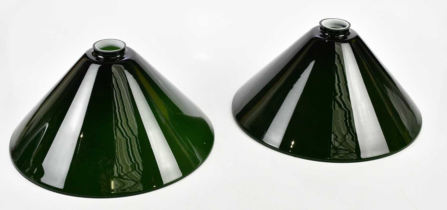 Four vintage green and white glass light shades, diameter 34.5cm, with a brass four light snooker - Image 6 of 6