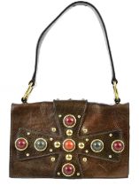 YVES SAINT LAURENT; a brown metallic leather Byzance Maltese Cross shoulder bag, embellished with