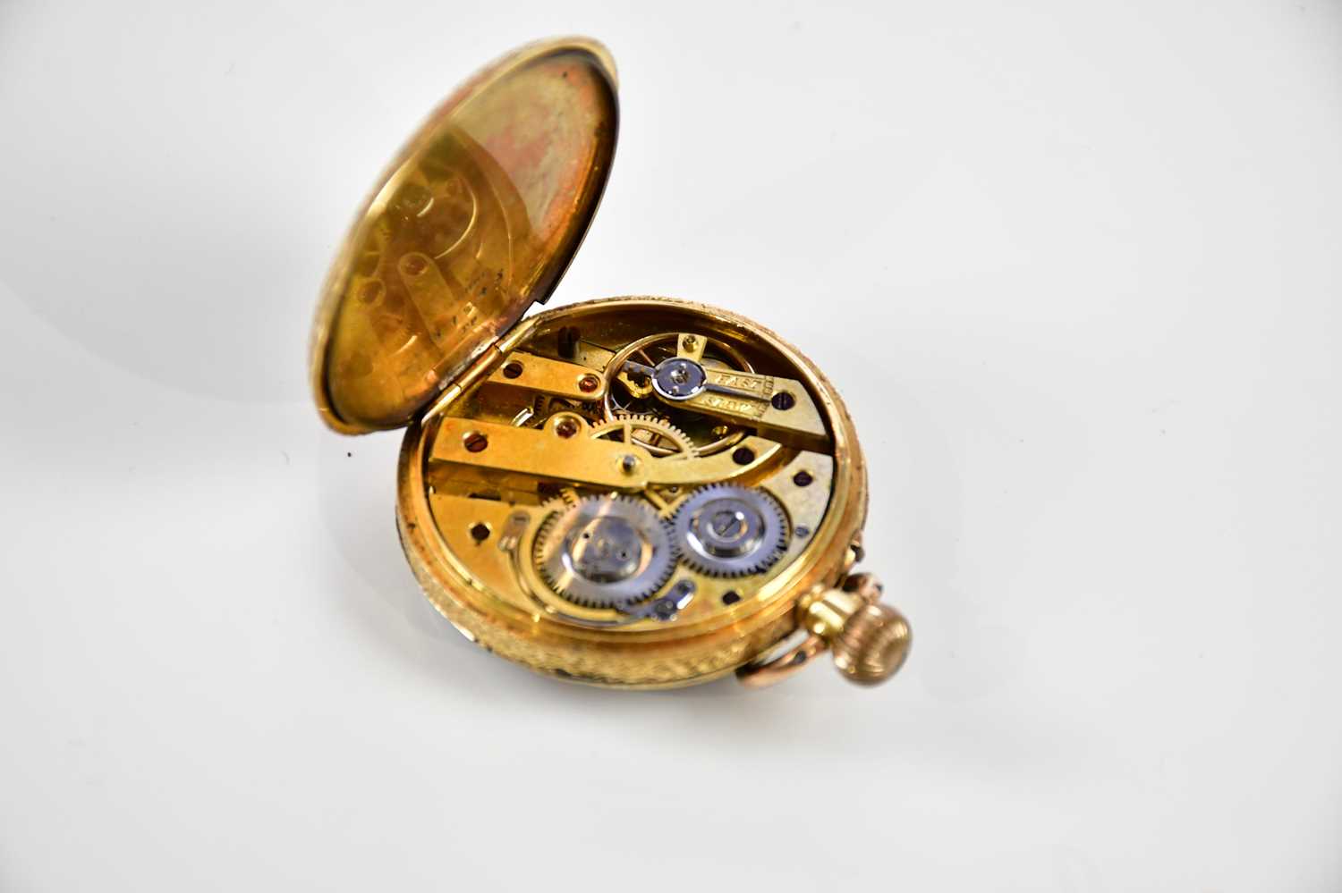 An 18ct yellow gold crown wind open face pocket watch with base metal cuvette (af), approx. 32.4g, - Image 3 of 3