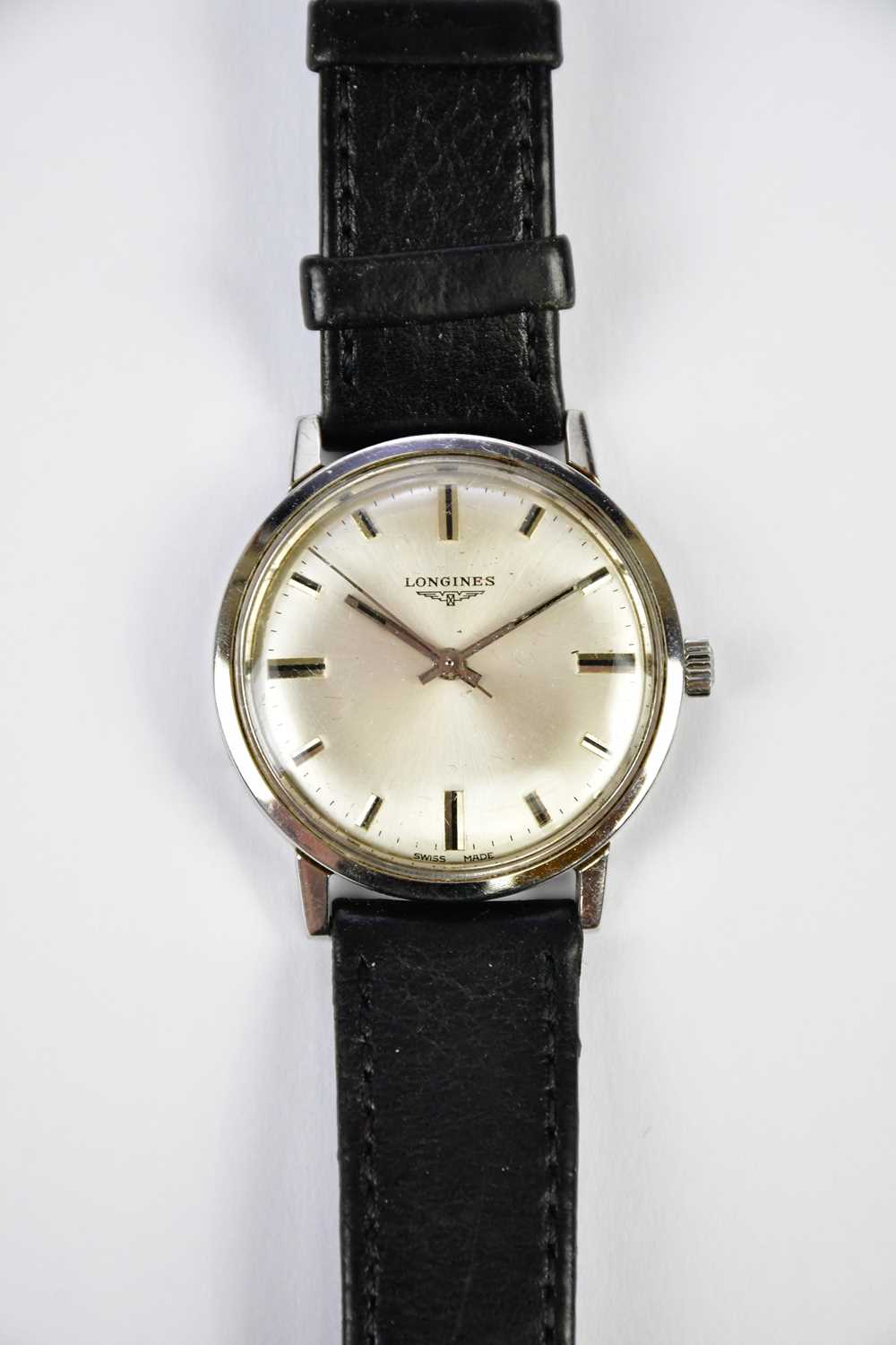 LONGINES; a gentleman's vintage stainless steel wristwatch, diameter excluding winding crown 34mm.