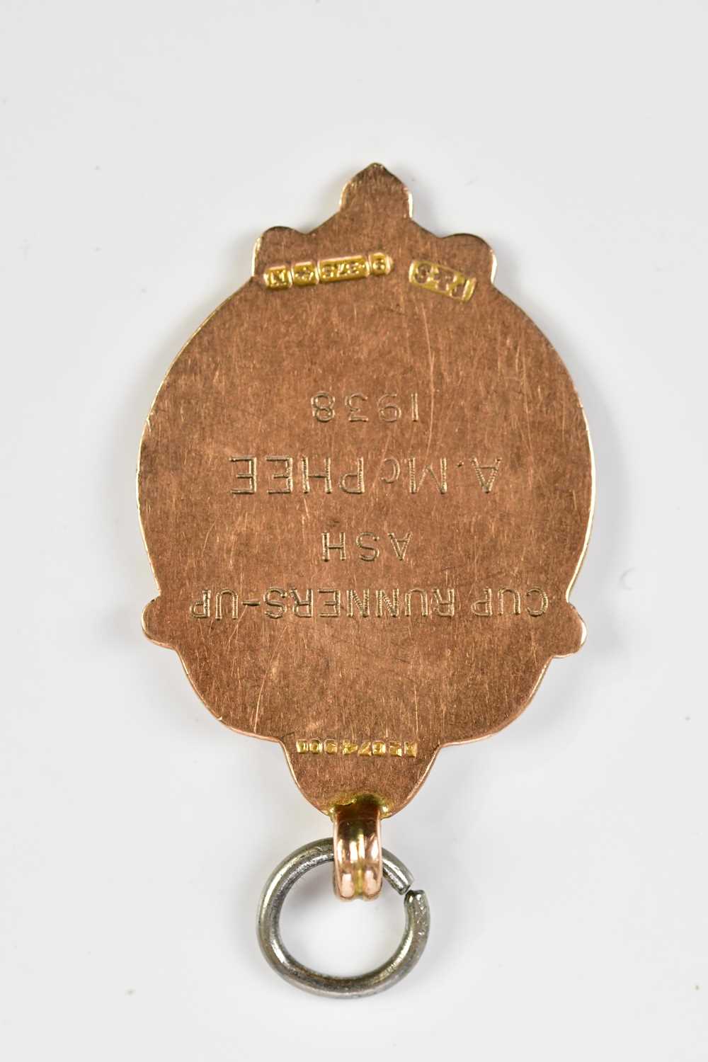A 9ct yellow gold Stockport Area Dart League medal, inscribed to the back 'Cup Runners Up Ash A. - Image 2 of 4