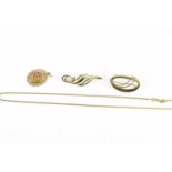 A 9ct yellow gold pierced oval brooch, a 9ct yellow gold swept bar brooch, a 9ct yellow gold oval