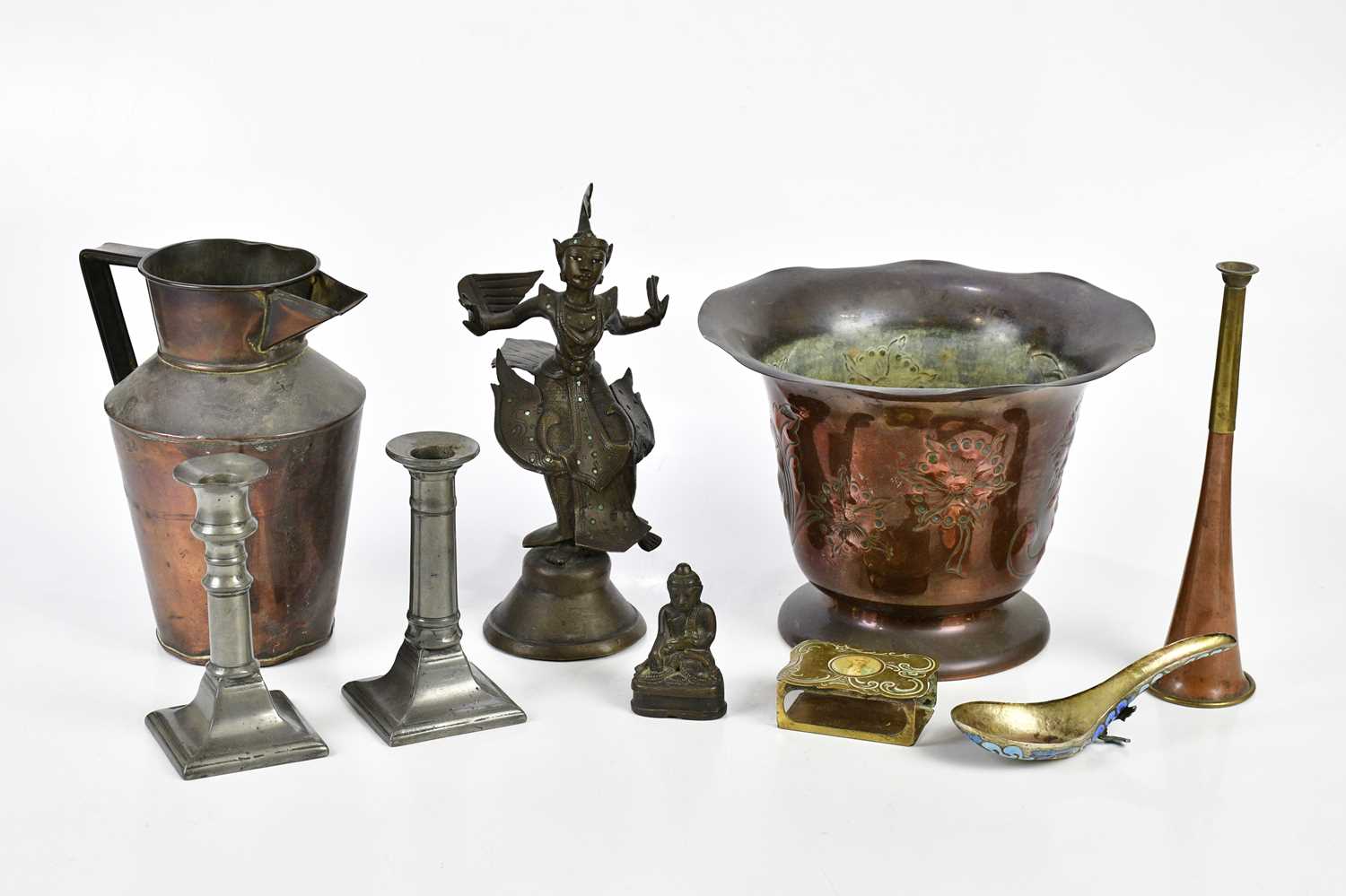 An Indian bronze figure of a deity, height 26cm, with an Art Nouveau copper jardiniere, height 18cm,