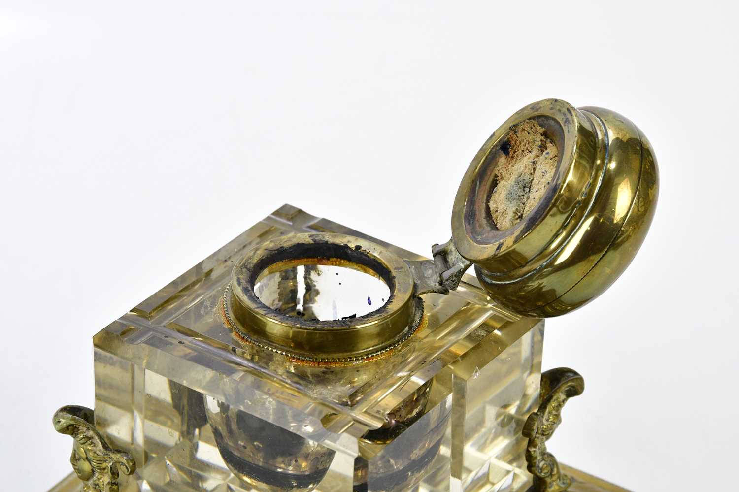 A 19th century brass desk stand housing a large cut glass inkwell with brass hinged cover, width - Image 4 of 4