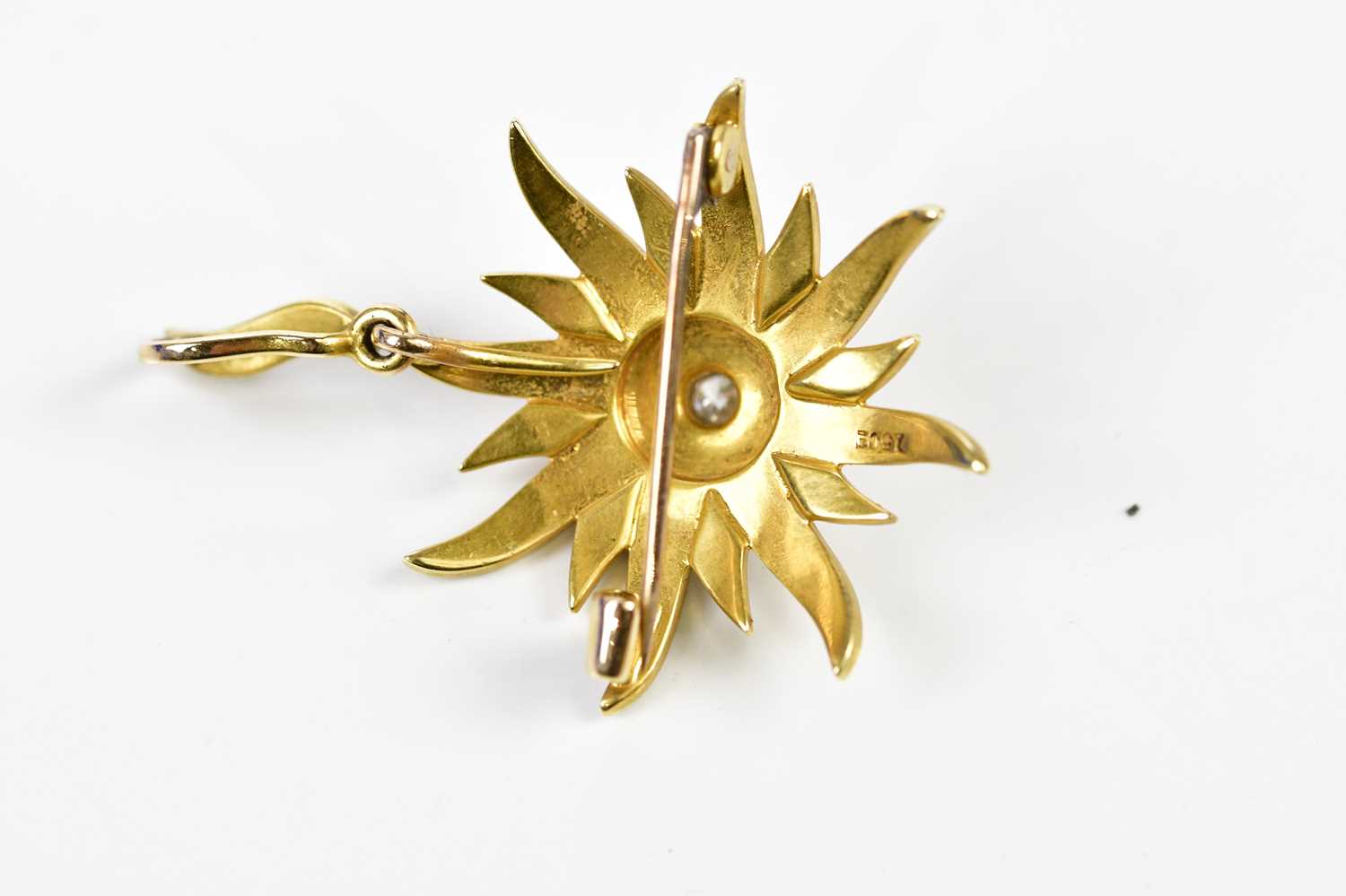 A late Victorian 15ct yellow gold seed pearl and diamond set sunburst pendant/brooch, length - Image 2 of 3