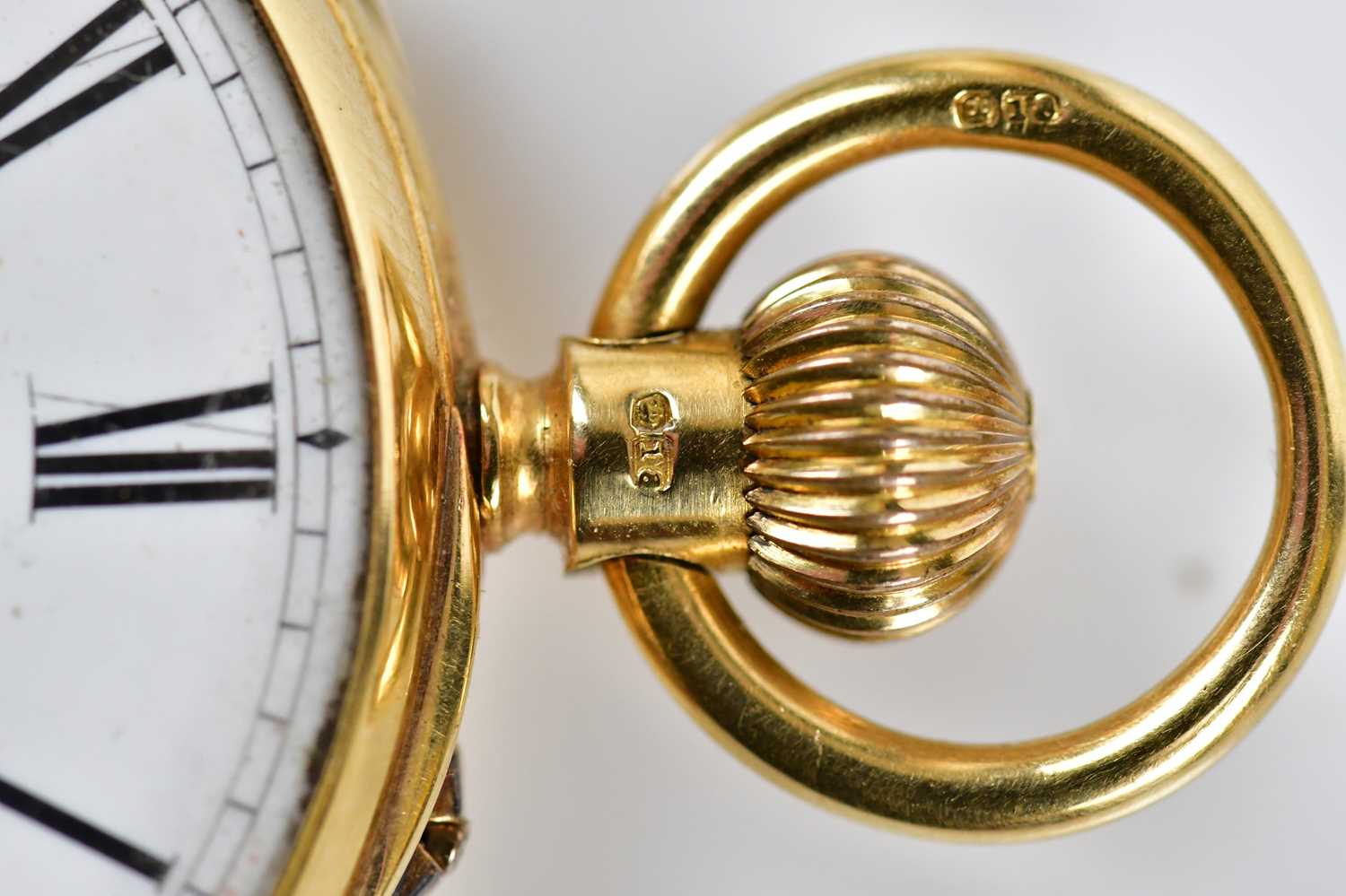 An 18ct yellow gold open face pocket watch, the white enamel dial set with Roman numerals and - Image 6 of 6