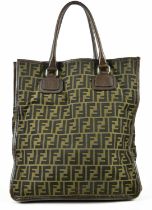 FENDI; a monogram canvas Zucca tote bag, trimmed with soft dark brown leather, with maker's logo