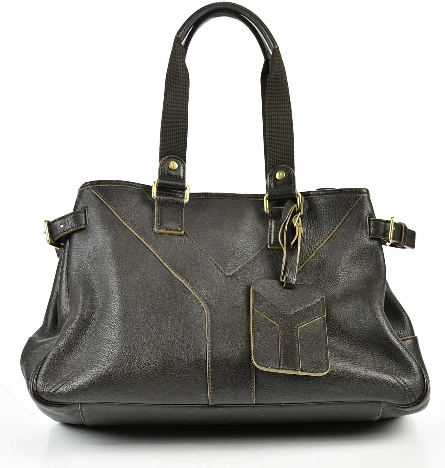 YVES SAINT LAURENT; a brown leather 'Y' bag with gold tone hardware buckles and maker's logo to