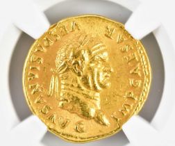 An exceptionally rare gold Roman coin, Twelve Caesars, Vespasian (AD69-79), obverse head of