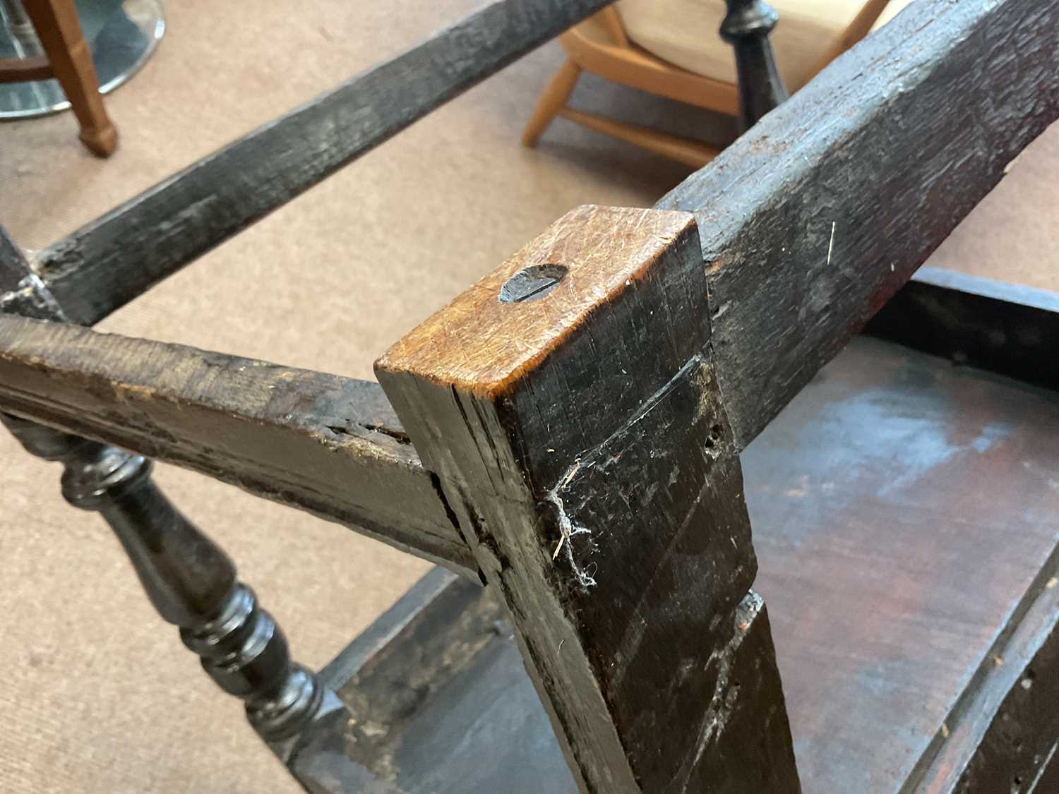 An 18th century and later oak wainscot type chair with carved back and single plank seat, on block - Image 14 of 16